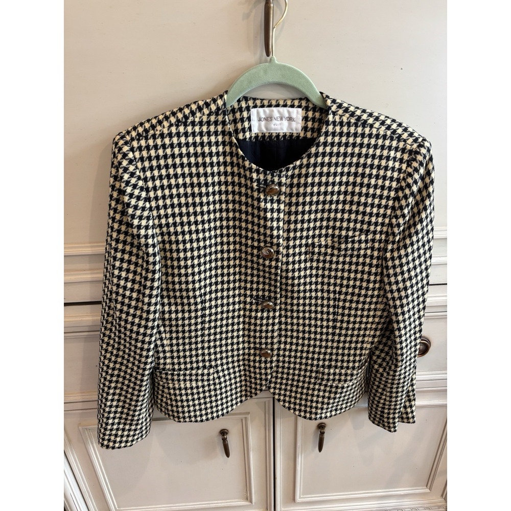 Vintage Jones New York Black White Geometric Skirt‎ Suit Wool Size 10 Made USA